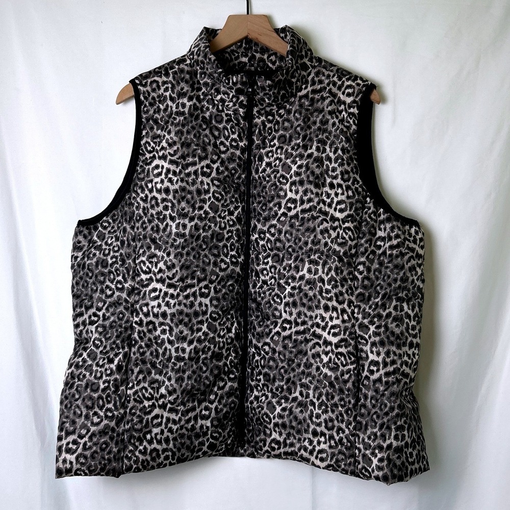 Rafaella Sport Women Leopard Animal Print Quilted Puffer Vest Size 2X Grey Black